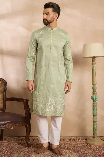Men olive silk blend solid embroidered straight kurta sets