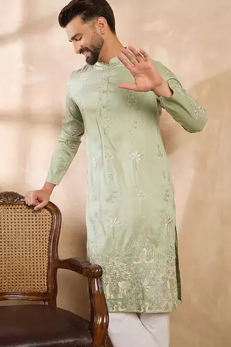 Men olive silk blend solid embroidered straight kurta sets