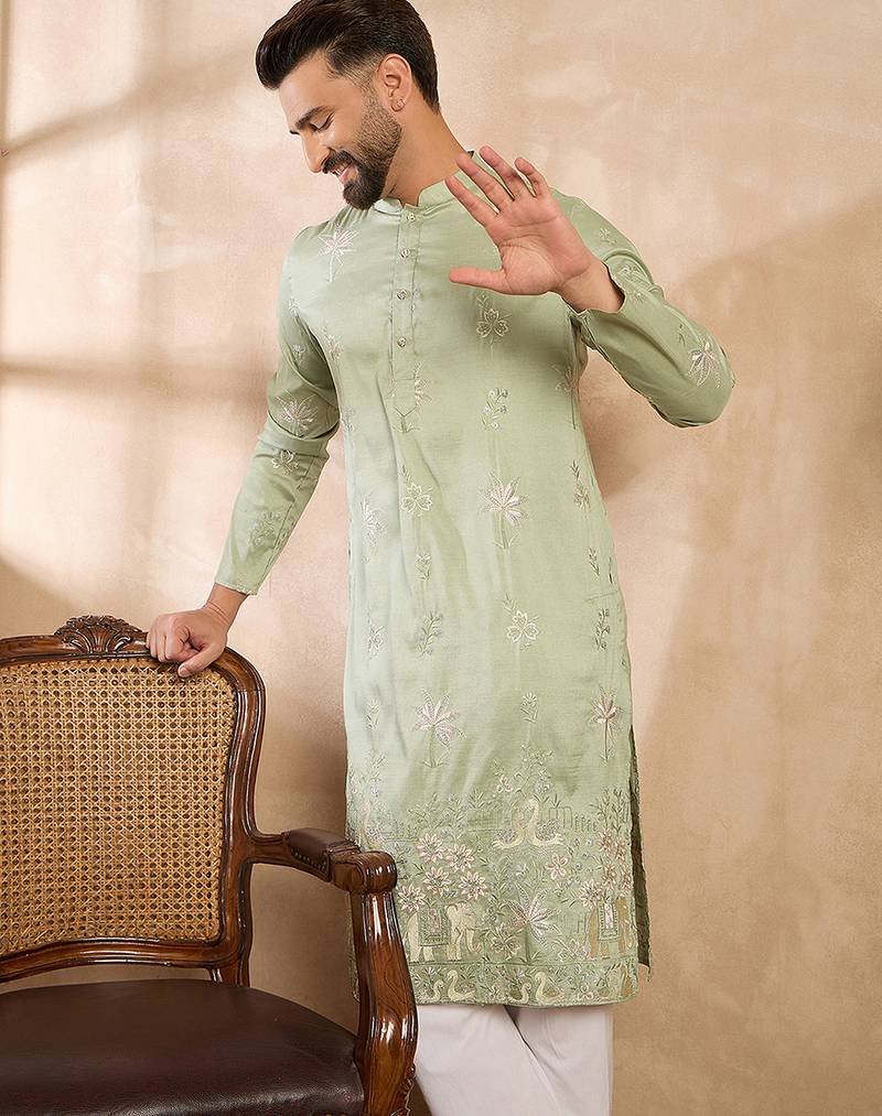 Men olive silk blend solid embroidered straight kurta sets