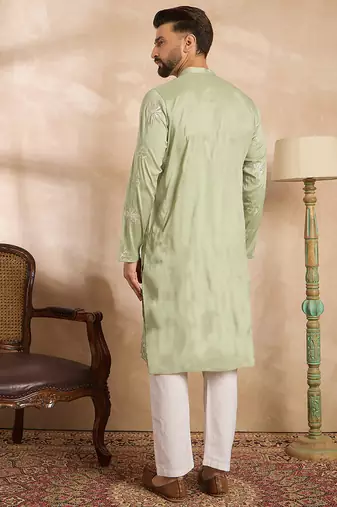 Men olive silk blend solid embroidered straight kurta sets