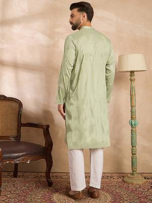 Men olive silk blend solid embroidered straight kurta sets 4