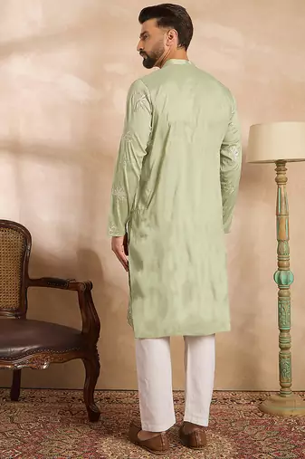 Men olive silk blend solid embroidered straight kurta sets
