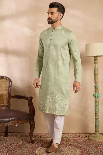 Men olive silk blend solid embroidered straight kurta sets