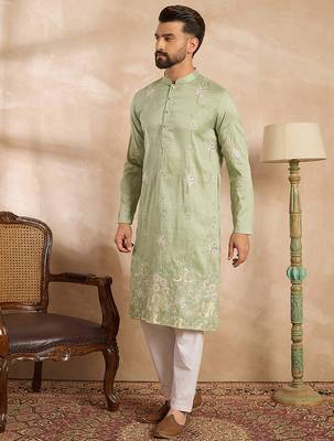 Men olive silk blend solid embroidered straight kurta sets 5