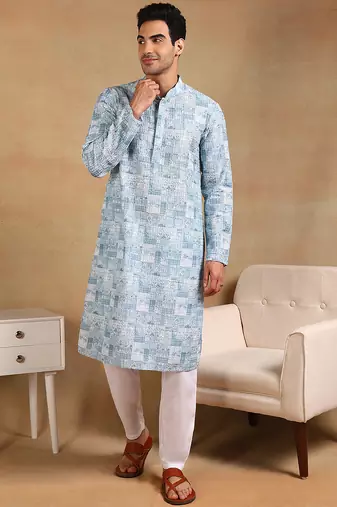 Men grey viscose rayon abstract embroidered straight kurta