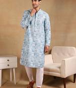 Men grey viscose rayon abstract embroidered straight kurta