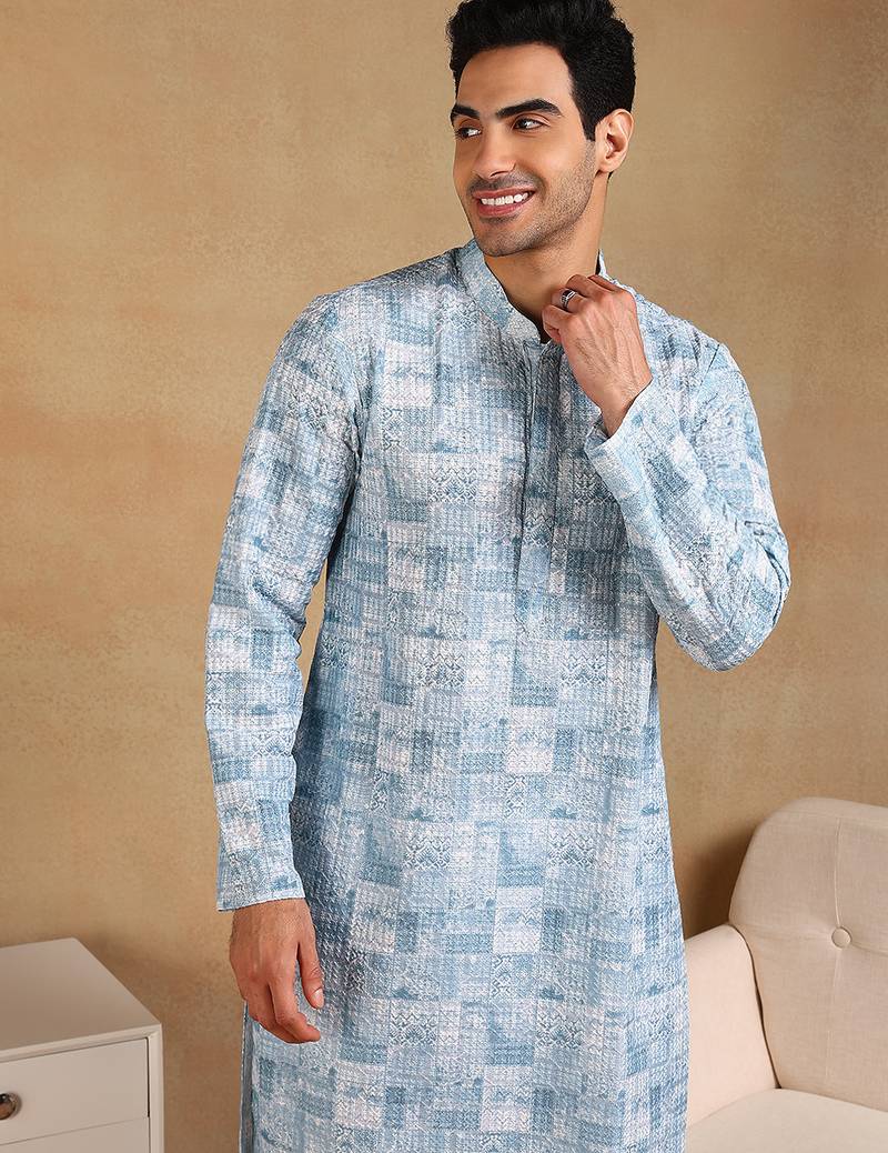 Men grey viscose rayon abstract embroidered straight kurta