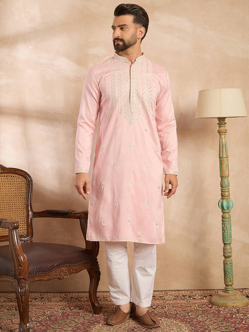 Men pink silk geometric embroidered straight kurta sets