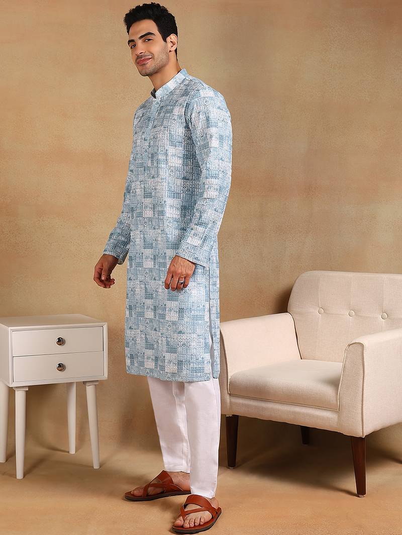 Men grey viscose rayon abstract embroidered straight kurta