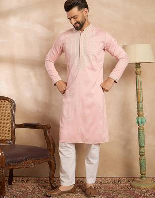 Men pink silk geometric embroidered straight kurta sets 3