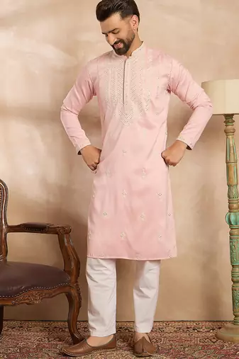 Men pink silk geometric embroidered straight kurta sets