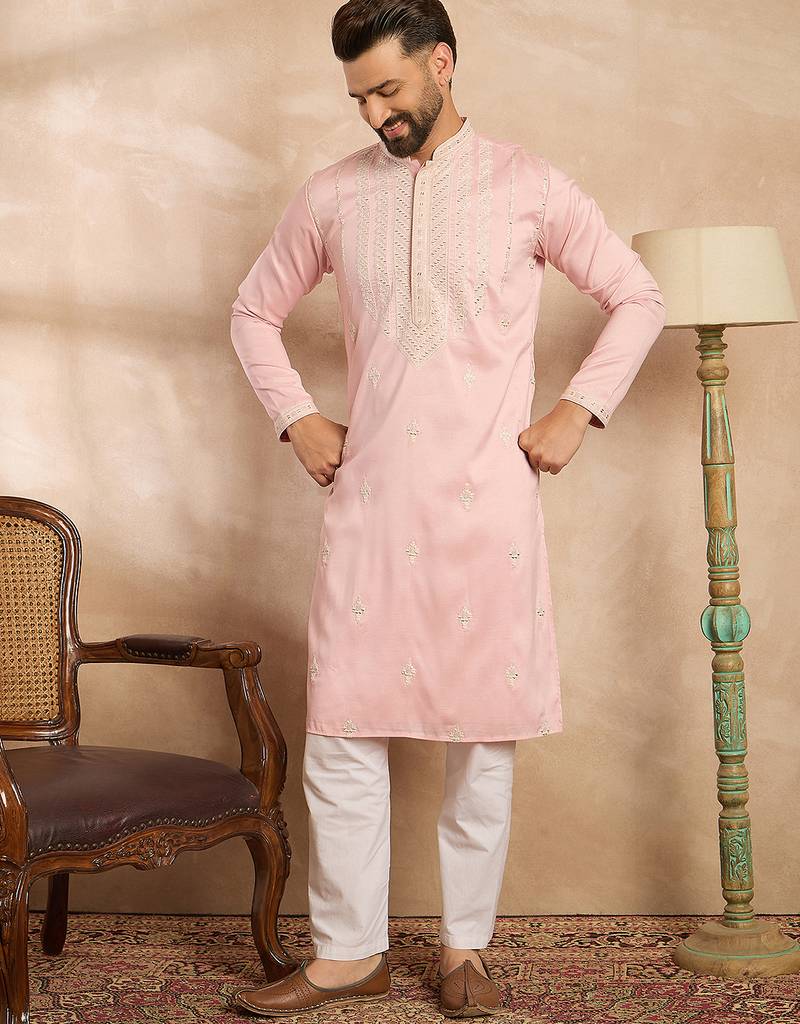 Men pink silk geometric embroidered straight kurta sets