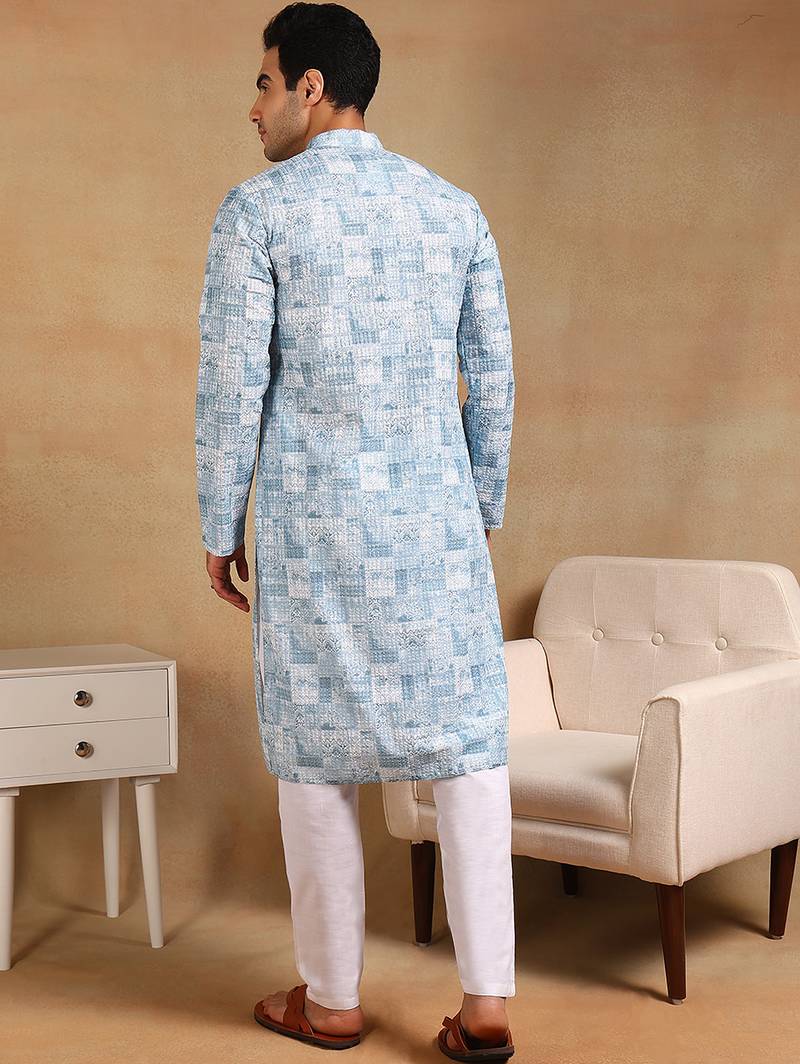 Men grey viscose rayon abstract embroidered straight kurta