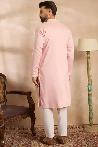 Men pink silk geometric embroidered straight kurta sets