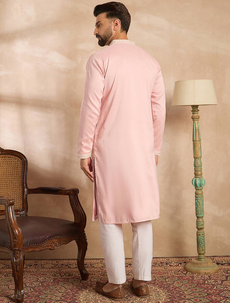 Men pink silk geometric embroidered straight kurta sets