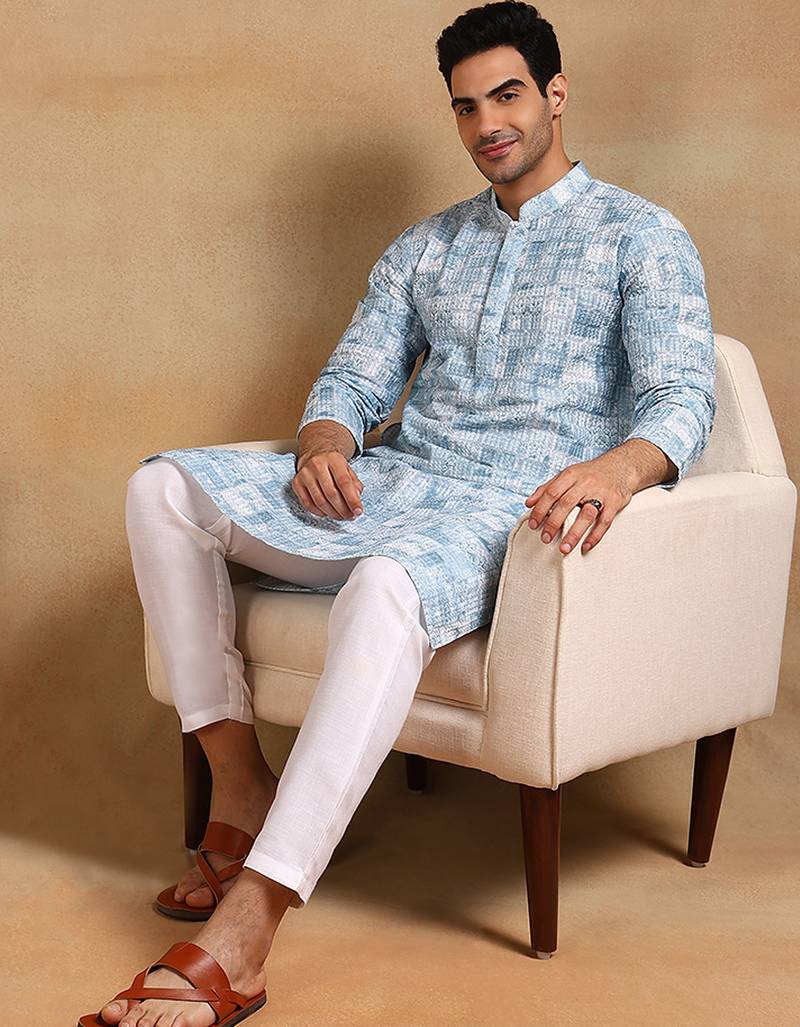 Men grey viscose rayon abstract embroidered straight kurta
