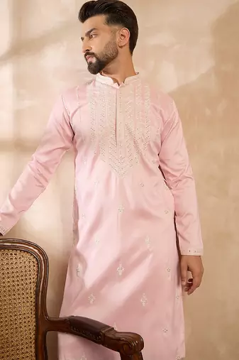 Men pink silk geometric embroidered straight kurta sets
