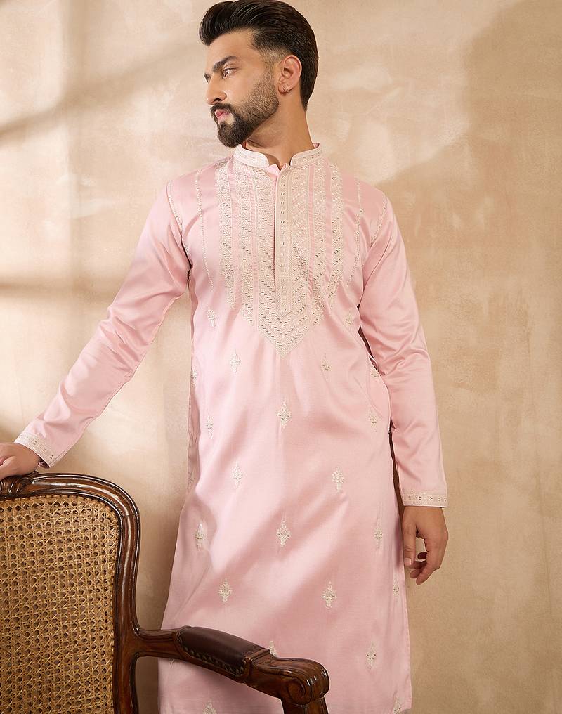 Men pink silk geometric embroidered straight kurta sets