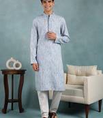 Men blue viscose rayon abstract embroidered straight kurta