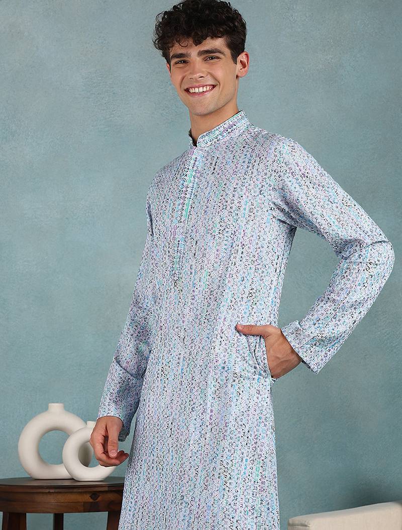 Men blue viscose rayon abstract embroidered straight kurta
