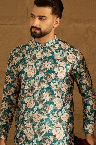 Men blue silk blend floral printed straight kurta with trouser