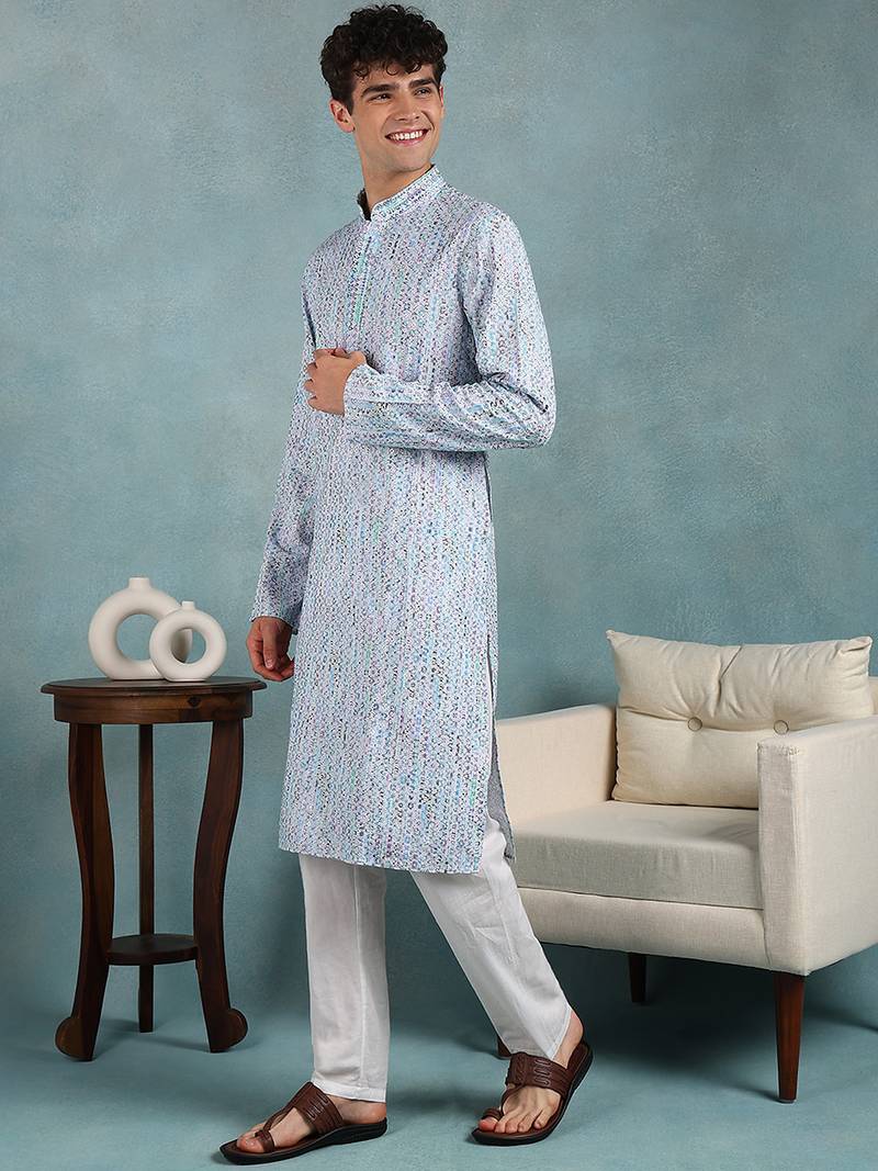 Men blue viscose rayon abstract embroidered straight kurta