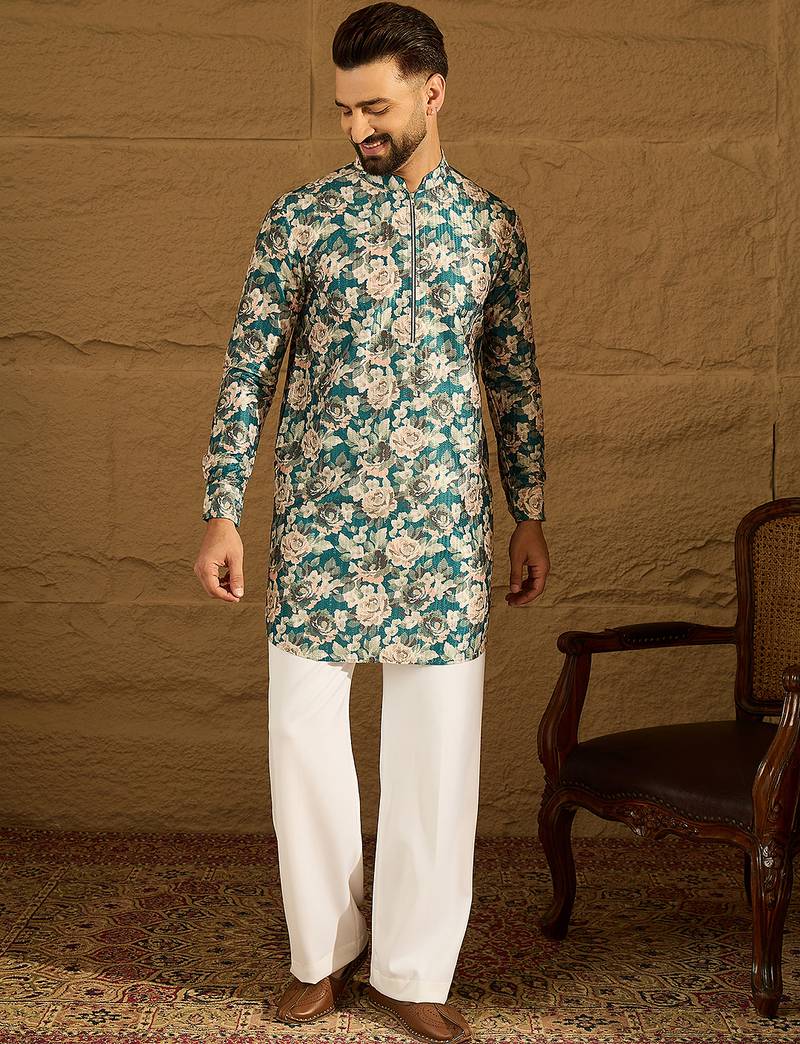 Men blue silk blend floral printed straight kurta with trouser