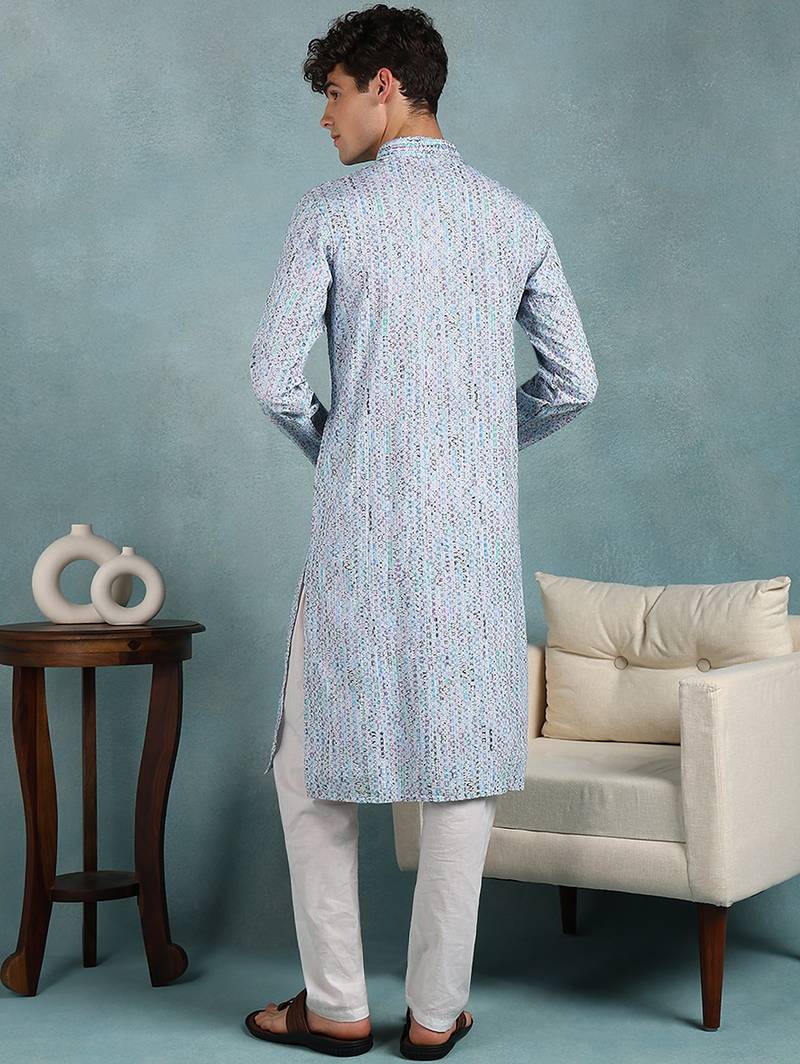 Men blue viscose rayon abstract embroidered straight kurta