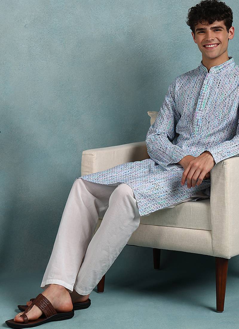 Men blue viscose rayon abstract embroidered straight kurta