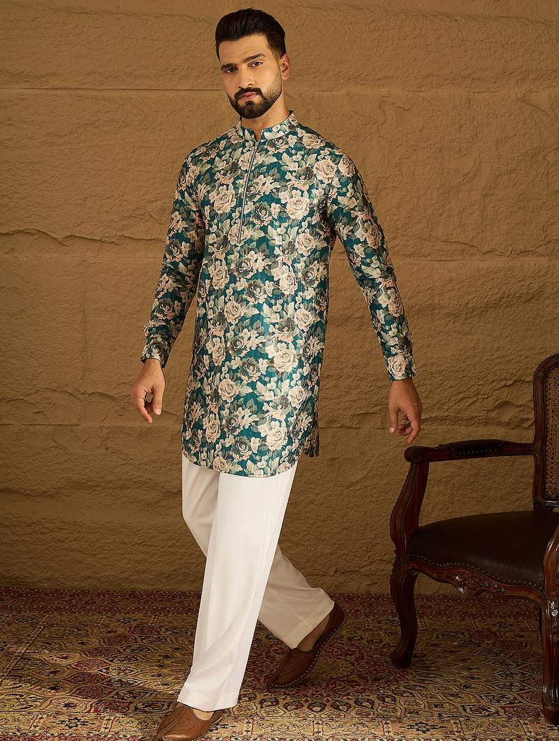 Men blue silk blend floral printed straight kurta with trouser