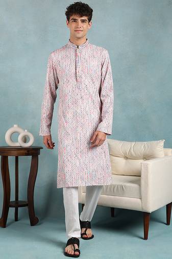 Men red viscose rayon abstract embroidered straight kurta