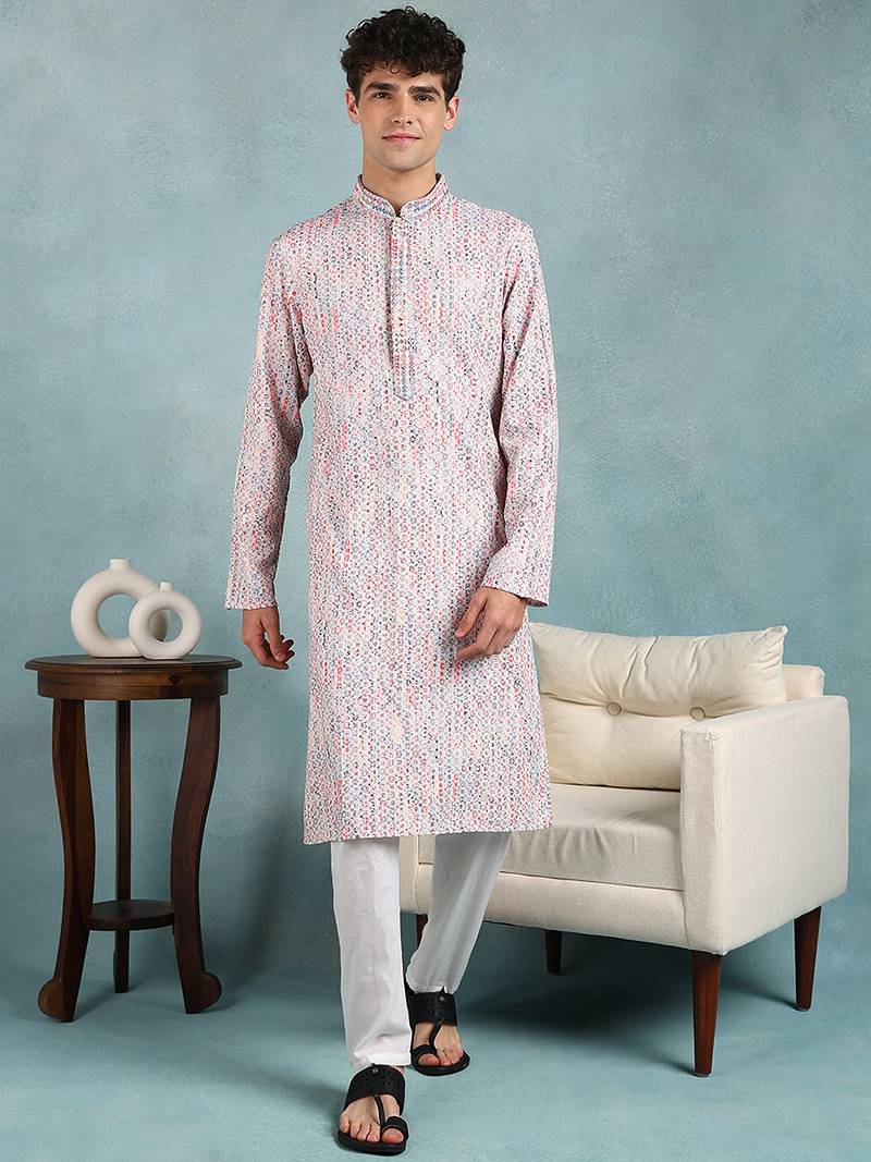 Men red viscose rayon abstract embroidered straight kurta