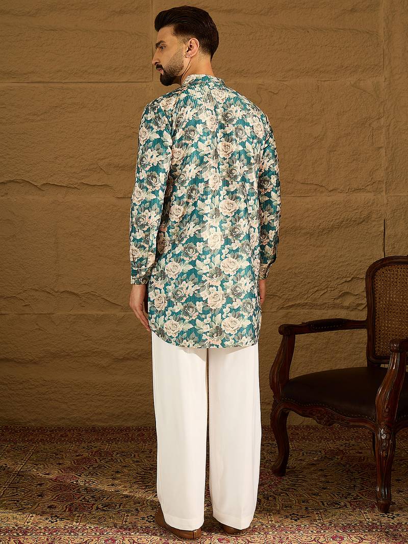 Men blue silk blend floral printed straight kurta with trouser