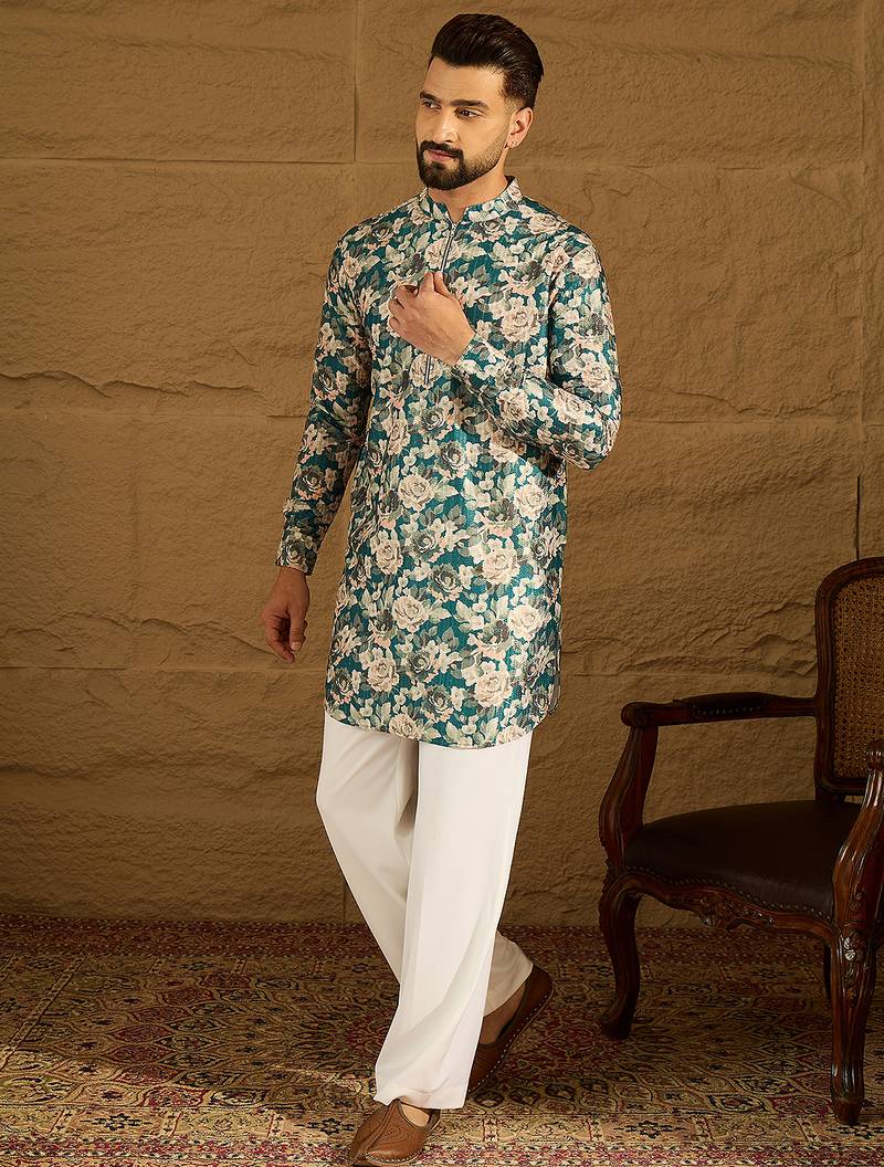 Men blue silk blend floral printed straight kurta with trouser