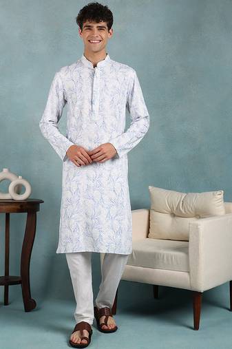 Men blue viscose rayon floral embroidered straight kurta
