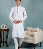 Men blue viscose rayon floral embroidered straight kurta