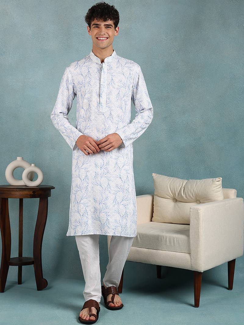 Men blue viscose rayon floral embroidered straight kurta