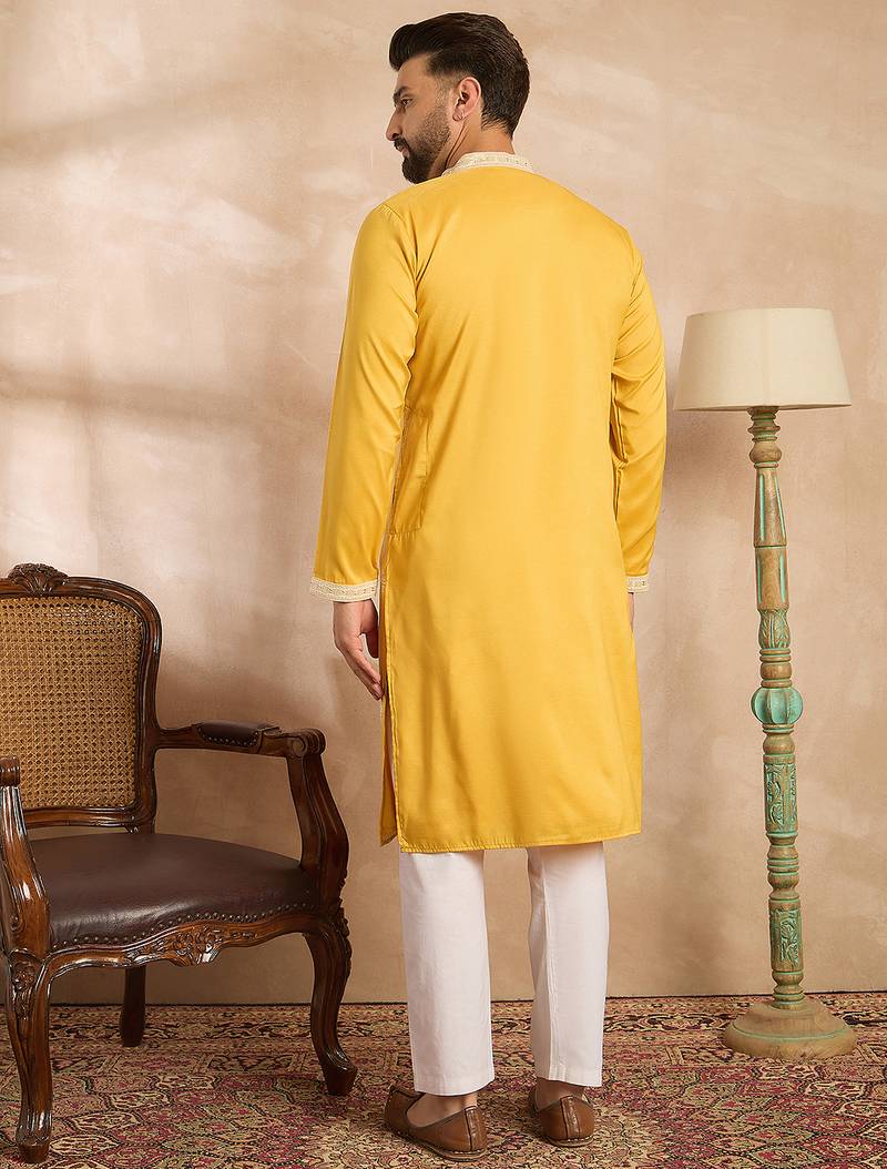 Men yellow silk blend geometric embroidered straight kurta sets