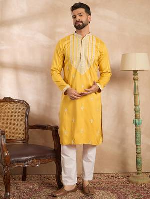 Men yellow silk blend geometric embroidered straight kurta sets 5