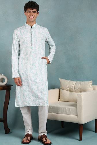 Men green viscose rayon floral embroidered straight kurta
