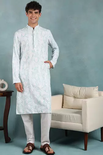 Men green viscose rayon floral embroidered straight kurta