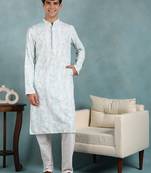 Men green viscose rayon floral embroidered straight kurta
