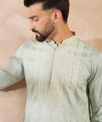 Men green silk blend geometric embroidered straight kurta sets 1