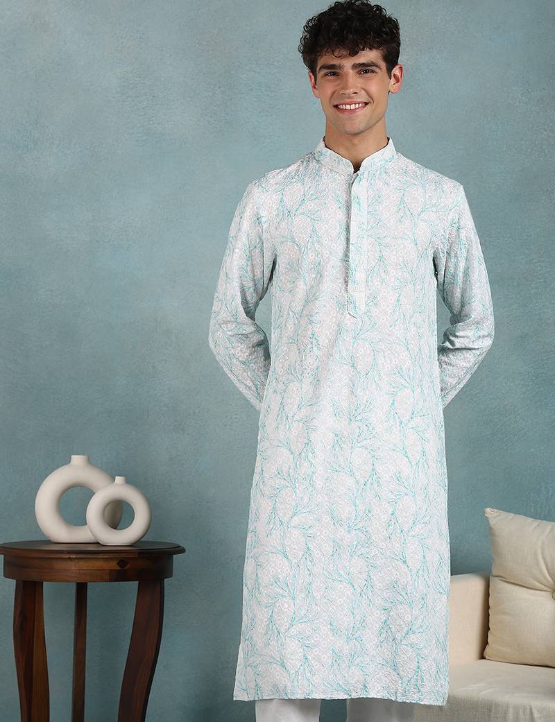 Men green viscose rayon floral embroidered straight kurta