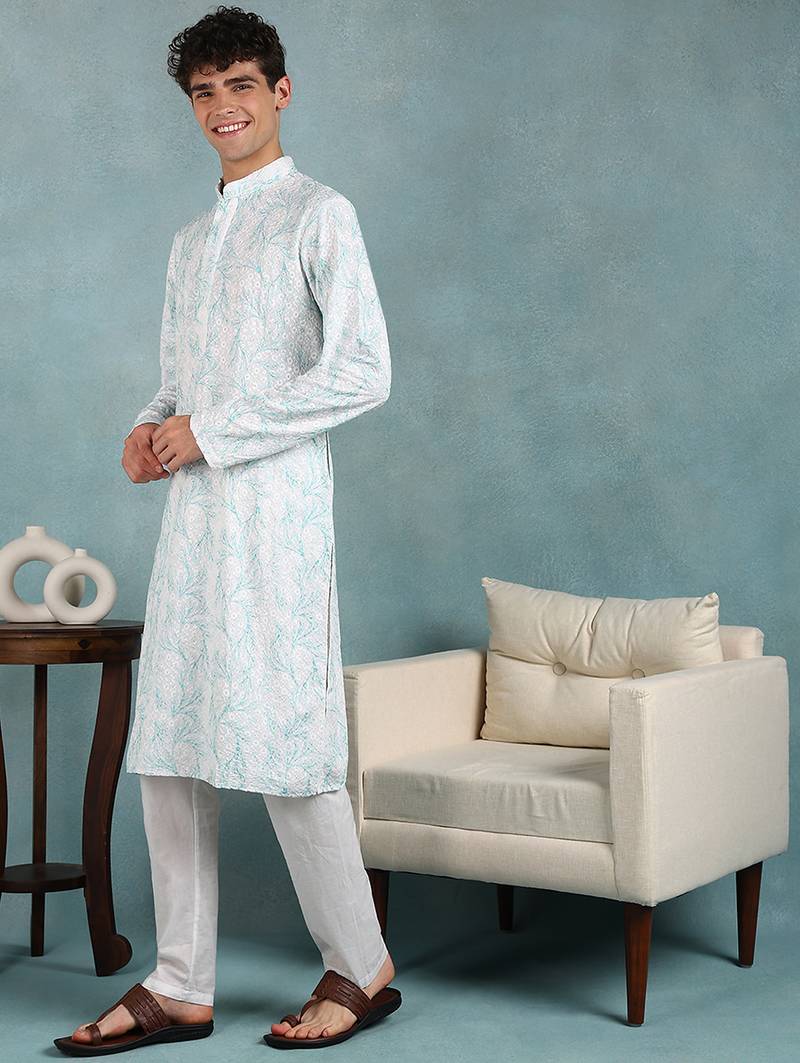 Men green viscose rayon floral embroidered straight kurta
