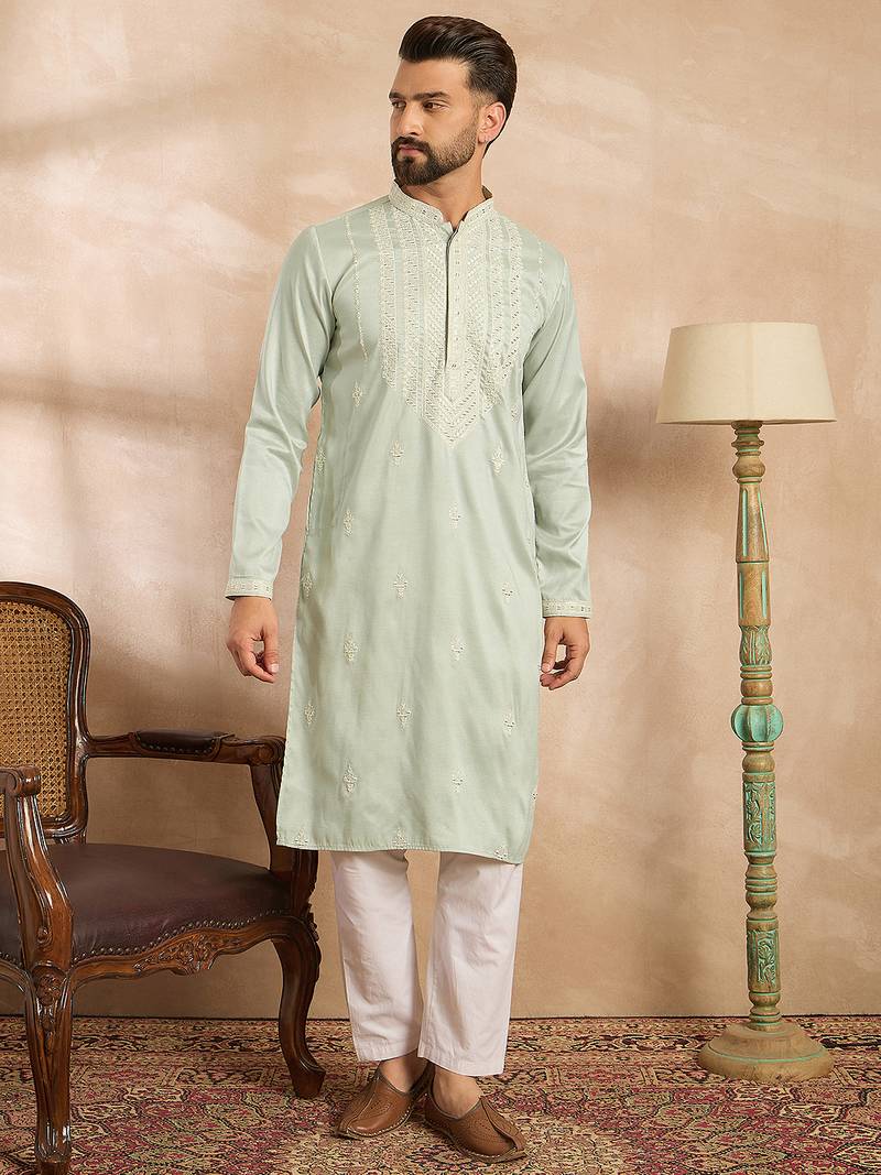 Men green silk blend geometric embroidered straight kurta sets
