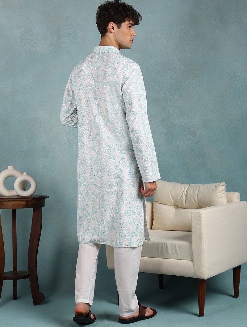 Men green viscose rayon floral embroidered straight kurta