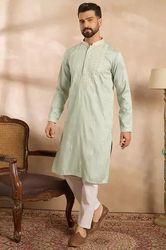 Men green silk blend geometric embroidered straight kurta sets