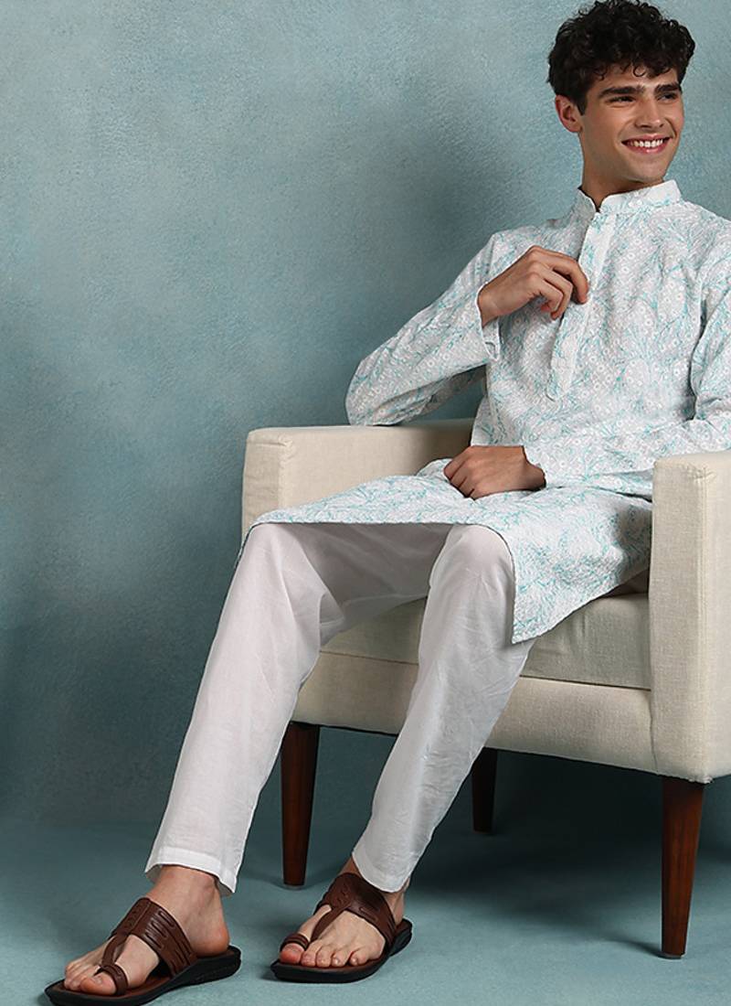 Men green viscose rayon floral embroidered straight kurta