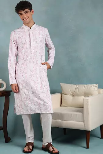 Men pink viscose rayon floral embroidered straight kurta